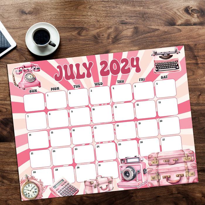 PDF Retro Vibe July 2024 Calendar | Printable Cute Vintage Themed Style July Monthly Planner