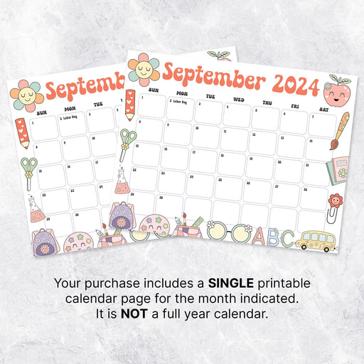 Retro School September Calendar Printable