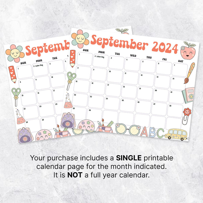 Retro School September Calendar Printable