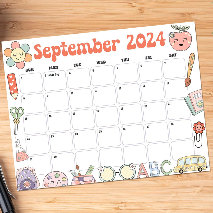 Retro School September Calendar Printable