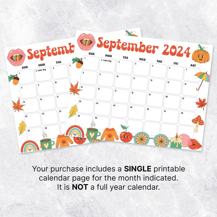 Groovy Retro September 2024 Calendar Printable Cute Theme