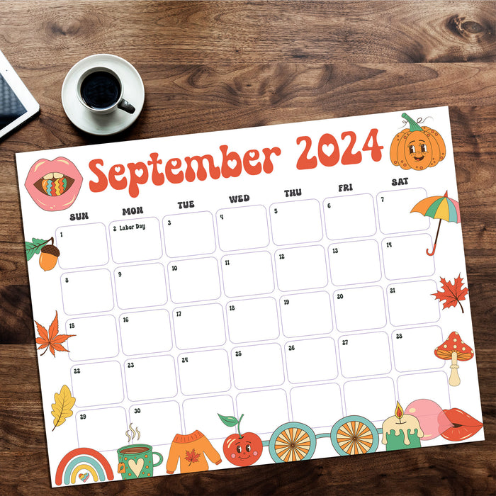 Groovy Retro September 2024 Calendar Printable Cute Theme