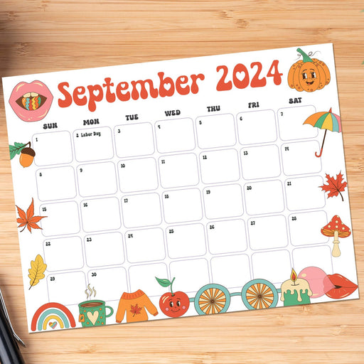 Groovy Retro September 2024 Calendar Printable Cute Theme