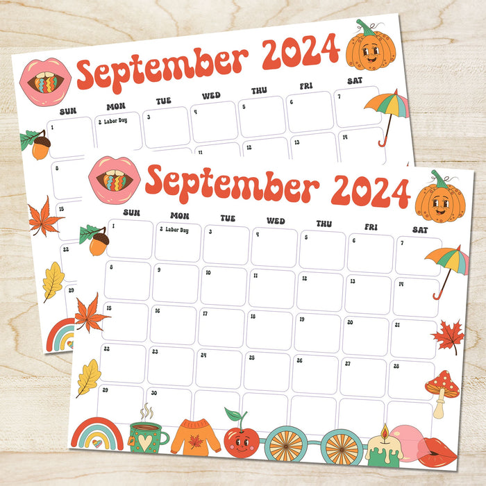 Groovy Retro September 2024 Calendar Printable Cute Theme