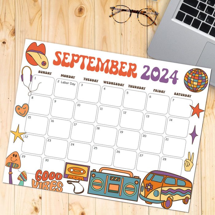 Cute Groovy Retro September 2024 Calendar Printable