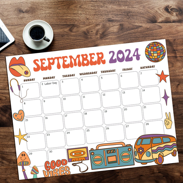 Cute Groovy Retro September 2024 Calendar Printable