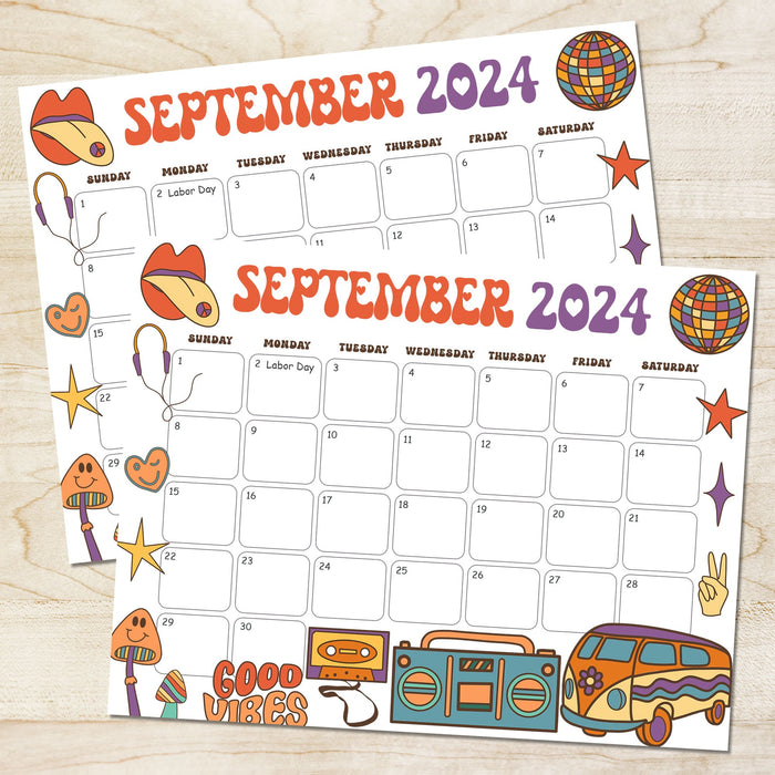 Cute Groovy Retro September 2024 Calendar Printable