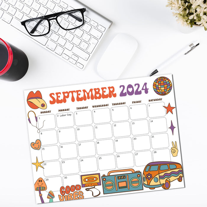 Cute Groovy Retro September 2024 Calendar Printable