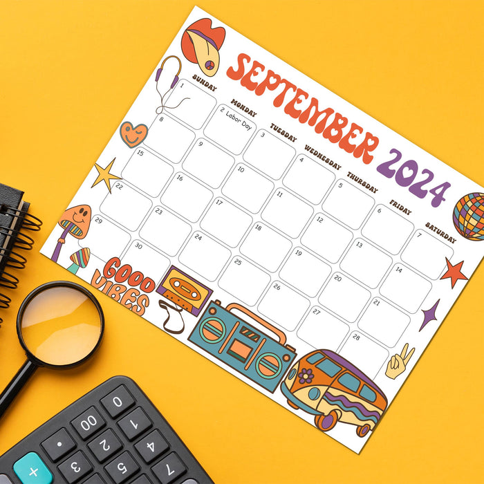 Cute Groovy Retro September 2024 Calendar Printable