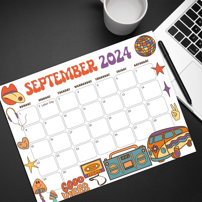 Cute Groovy Retro September 2024 Calendar Printable