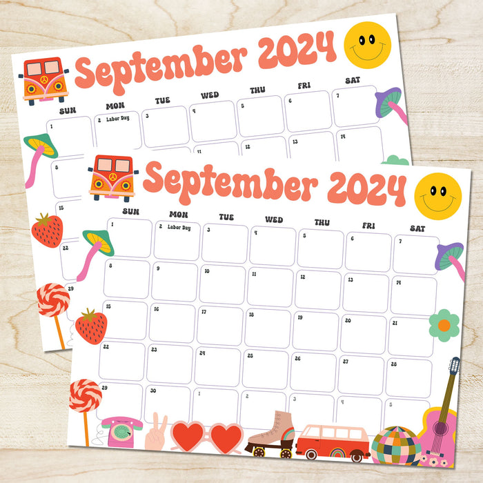 Printable September 2024 Calendar Groovy Retro Design