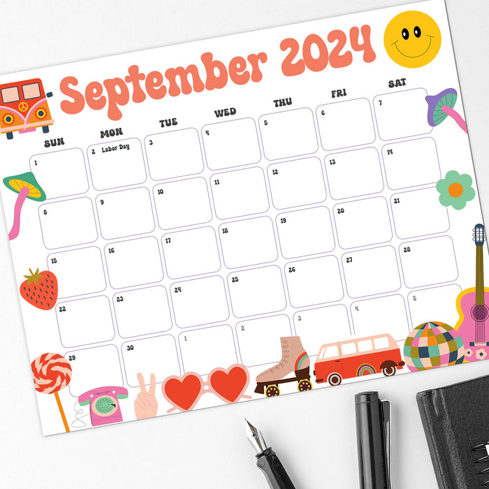 Printable September 2024 Calendar Groovy Retro Design