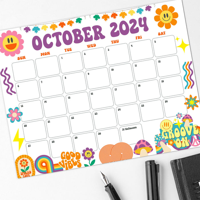 Retro Groovy October 2024 Calendar Printable Design