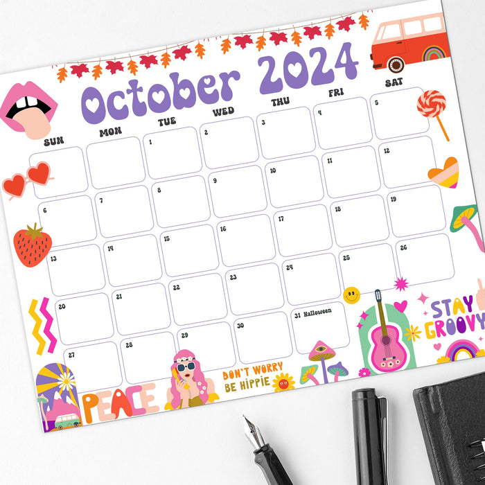 Groovy Retro October 2024 Vintage Calendar Printable