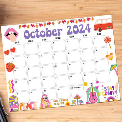 Groovy Retro October 2024 Vintage Calendar Printable