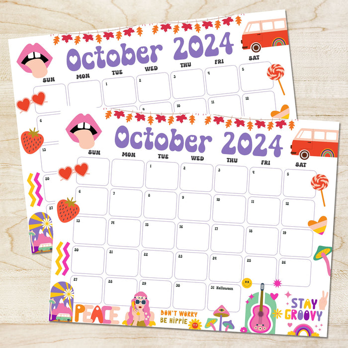 Groovy Retro October 2024 Vintage Calendar Printable