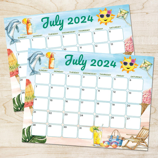 Tropical Beach Vibe July 2024 Calendar | Printable Summer 2024 Planner