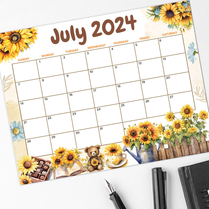 PDF Sunflower Themed July Calendar | Printable Summertime Floral Monthly Planner