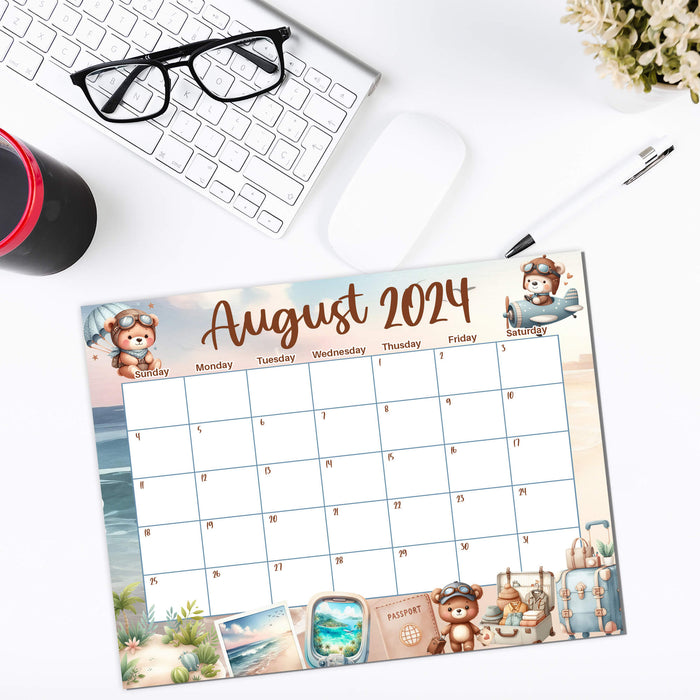 PDF August 2024 Cute Travel Themed Calendar | Printable Travel Bear Themed August Monthly Planner