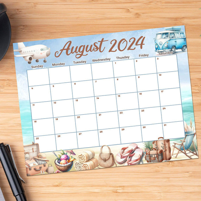 PDF Adventure Themed August 2024 Calendar | Printable Cute Travel Enthusiast Themed Monthly Planner