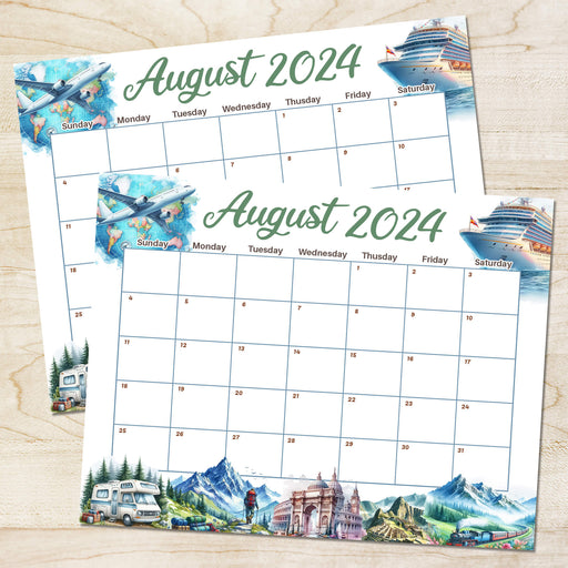 PDF Wanderlust Travel Adventure Themed August 2024 Calendar | Printable Travel Adventures Themed Monthly Planner