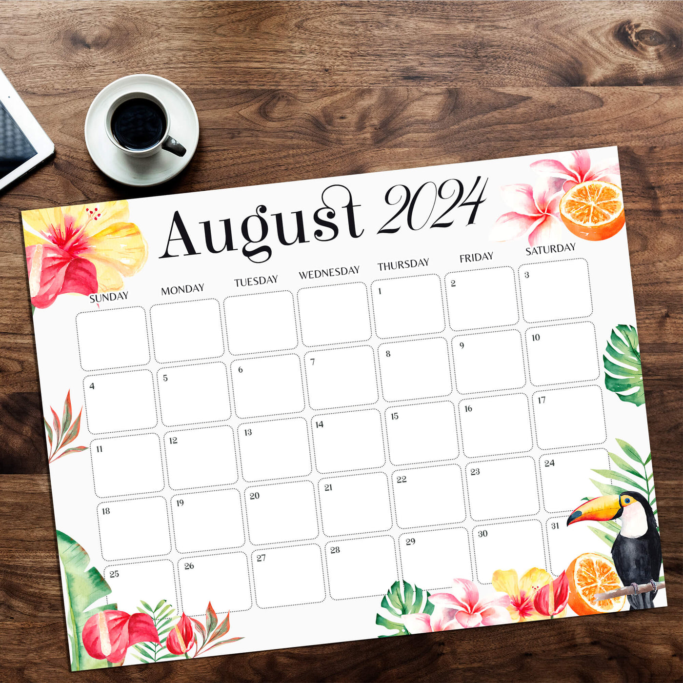 PDF Tropical Vibes Themed August 2024 Calendar | Printable Tropical ...