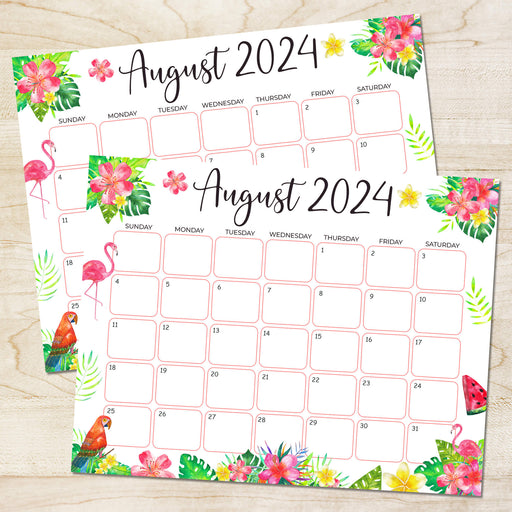 PDF  August 2024 Tropical Themed Calendar | Printable Tropical Escape Themed Monthly Planner