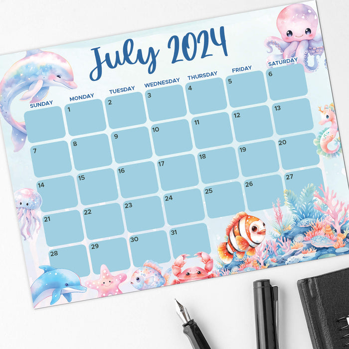 PDF July 2024 Under the Sea Summer Calendar | Summer Vibe Underwater Planner