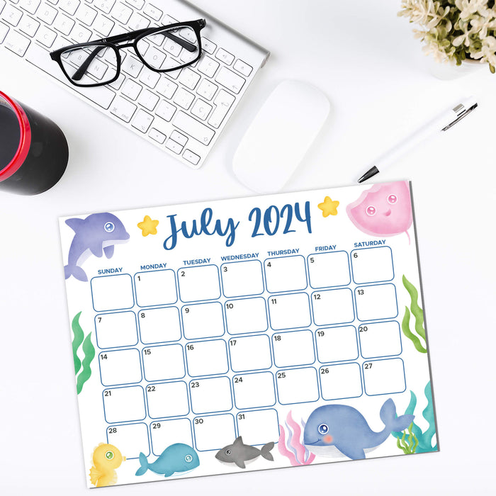 PDF July 2024 Underwater Calendar | Printable Under the Sea July Monthly Schedule Planner