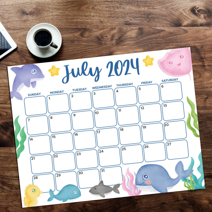 PDF July 2024 Underwater Calendar | Printable Under the Sea July Monthly Schedule Planner