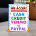 Printable We Accept Payments Cash, Credit, Venmo and Paypal Sign | PDF Booth Sale Sign