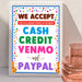 Printable We Accept Payments Cash, Credit, Venmo and Paypal Sign | PDF Booth Sale Sign