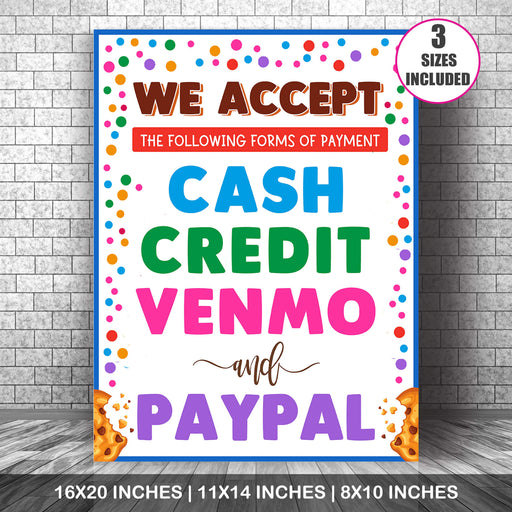 Printable We Accept Payments Cash, Credit, Venmo and Paypal Sign | PDF Booth Sale Sign