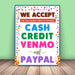 Printable We Accept Payments Cash, Credit, Venmo and Paypal Sign | PDF Booth Sale Sign