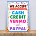 Printable We Accept Payments Cash, Credit, Venmo and Paypal Sign | PDF Booth Sale Sign