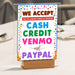 Printable We Accept Payments Cash, Credit, Venmo and Paypal Sign | PDF Booth Sale Sign