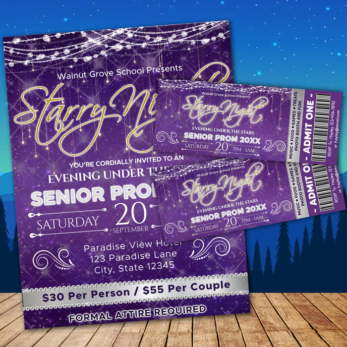 Customizable Starry Night Prom Flyer and Ticket Bundle Template | Under The Stars School Dance Event