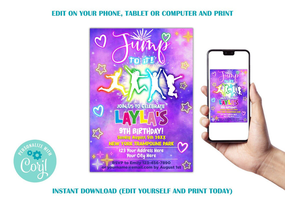 Customizable Trampoline Birthday Invitation Template | Neon Jump Birthday Party Invite