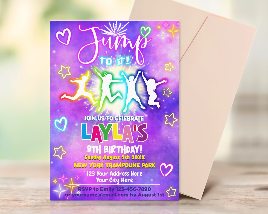 Customizable Trampoline Birthday Invitation Template | Neon Jump Birthday Party Invite - Posh Park customizable-trampoline-birthday-invitation-template-neon-jump-birthday-party-invite-posh-park