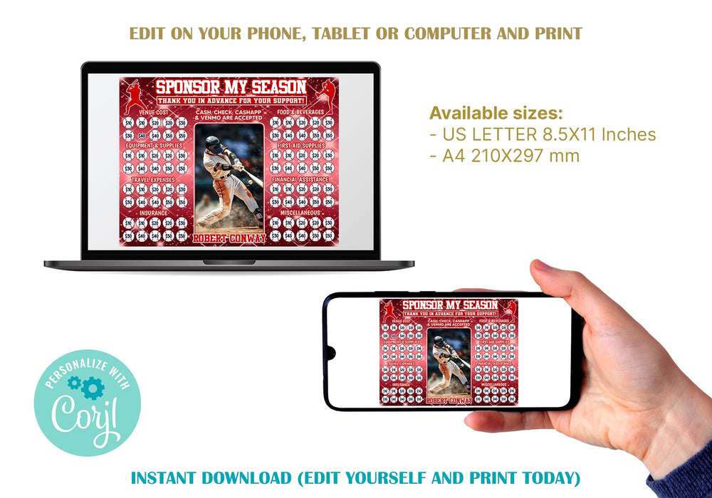 Editable Baseball Team Fundraiser Donation Calendar