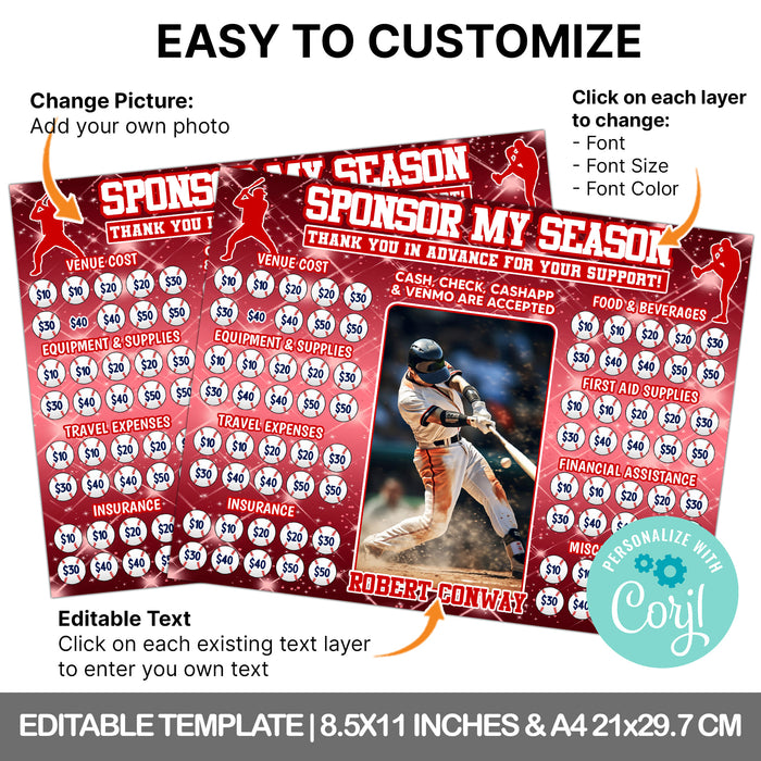 Editable Baseball Team Fundraiser Donation Calendar