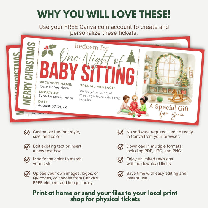 Customizable Christmas Babysitting Gift Voucher Template | Holiday Childcare Gift Ticket