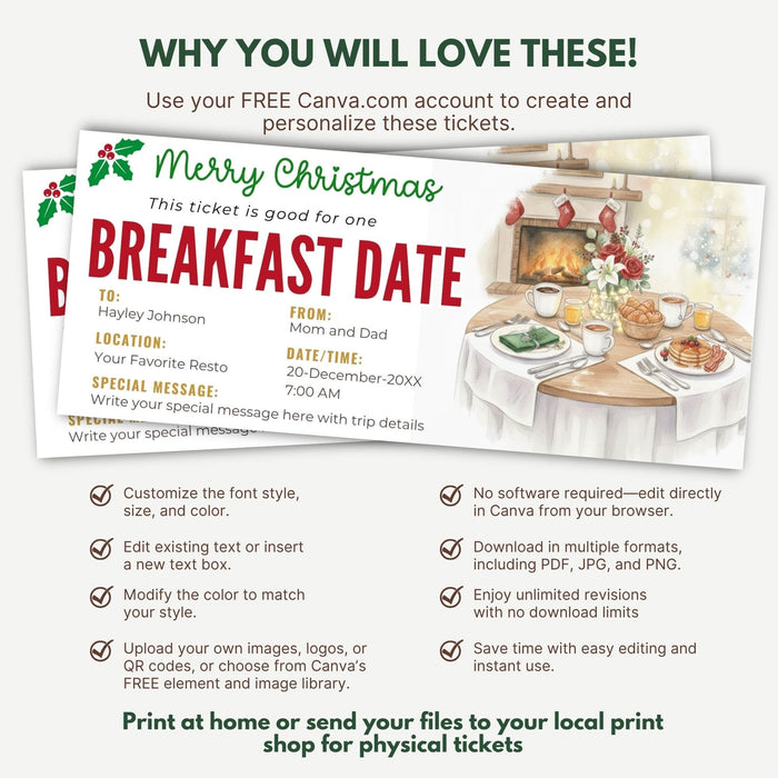 DIY Christmas Breakfast Date Gift Voucher Template | Romantic Holiday Gift Ticket