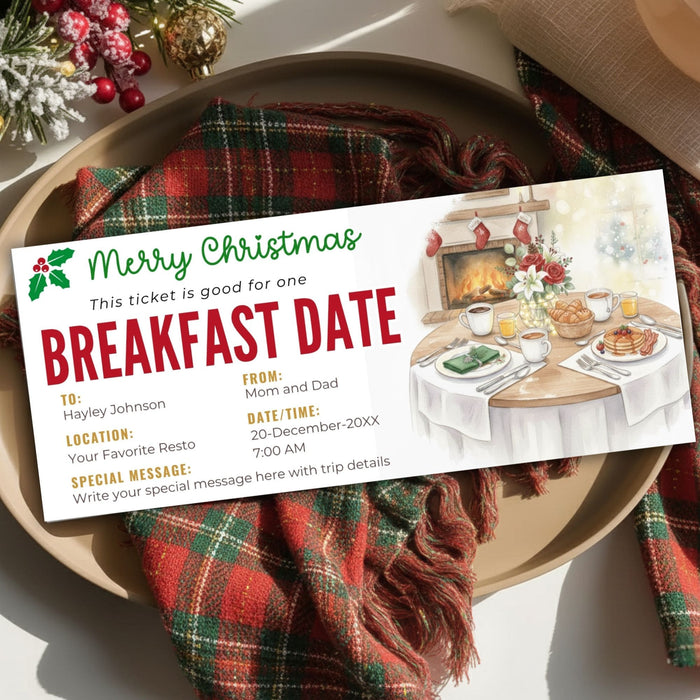 DIY Christmas Breakfast Date Gift Voucher Template | Romantic Holiday Gift Ticket