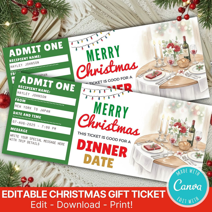 Customizable Christmas Dinner Date Gift Voucher Template | Romantic Holiday Gift Ticke