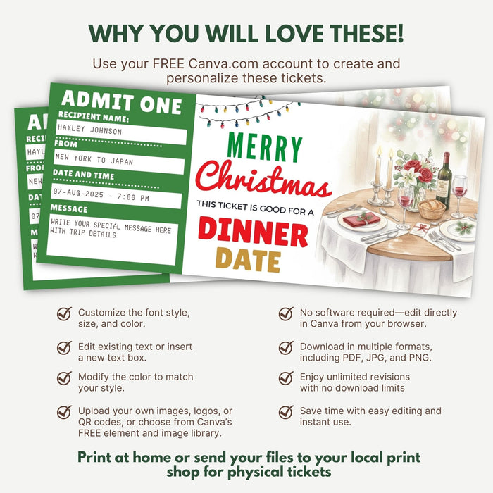 Customizable Christmas Dinner Date Gift Voucher Template | Romantic Holiday Gift Ticke