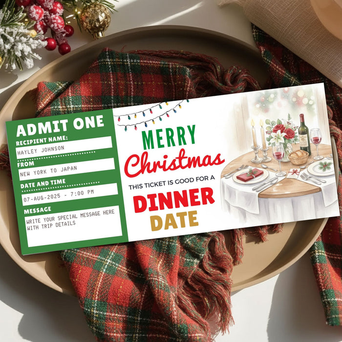 Customizable Christmas Dinner Date Gift Voucher Template | Romantic Holiday Gift Ticke