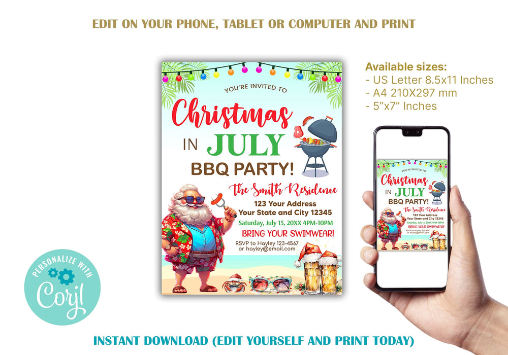 Funny Santa Christmas in July BBQ Party Invitation