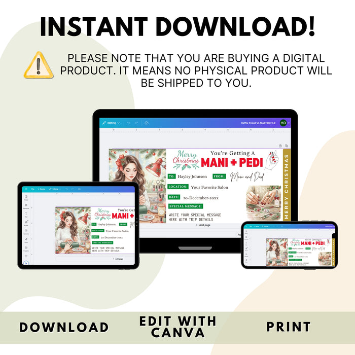 Customizable Christmas Manicure & Pedicure Gift Voucher Ticket Template | Nail Salon Gift Certificate Coupon