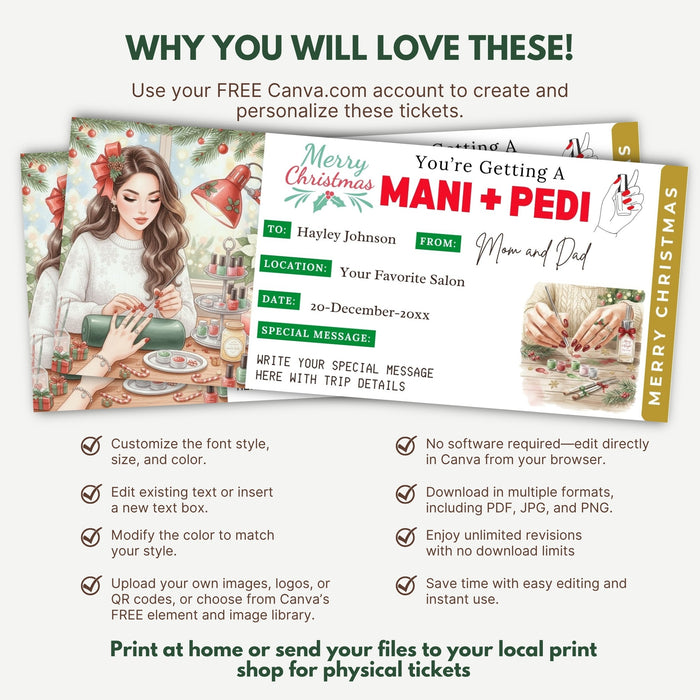 Customizable Christmas Manicure & Pedicure Gift Voucher Ticket Template | Nail Salon Gift Certificate Coupon
